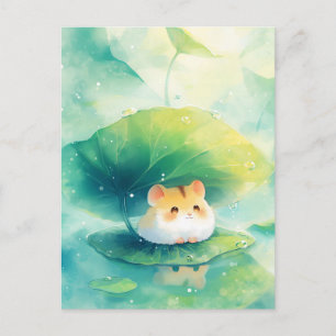 Hamster Under Green Leaf Umbrella on Pond Postcard