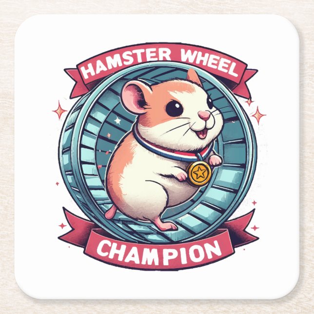 Hamster Wheel Champion Square Paper Coaster (Front)