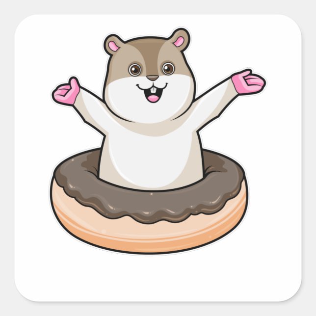 Hamster with Chocolate Doughnut Square Sticker (Front)