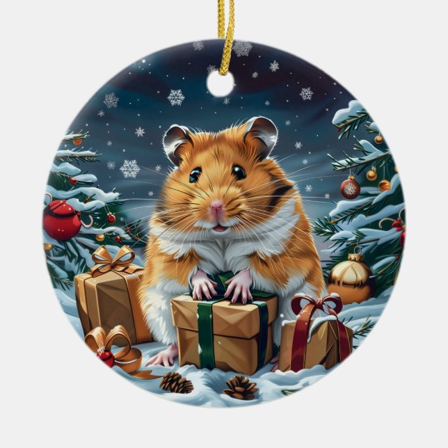 Hamster With Gifts Christmas Ceramic Tree Decoration (Front)