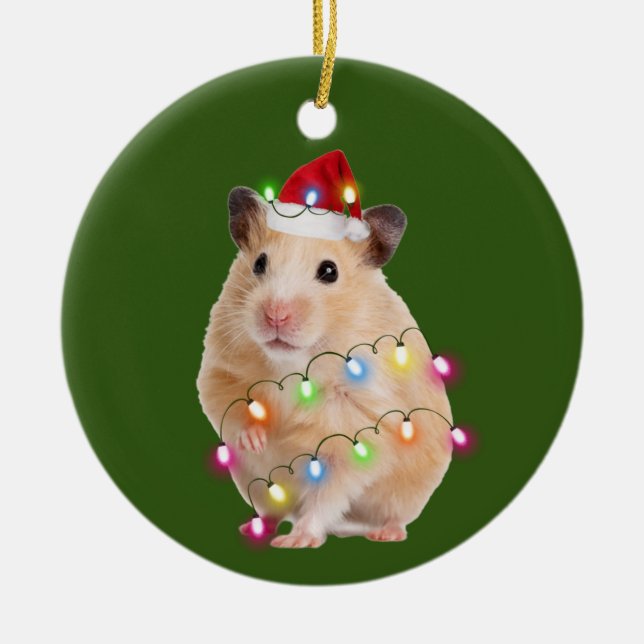 Hamster With Hat Lights Christmas Ceramic Tree Decoration (Front)