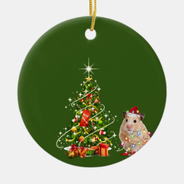 Hamster With Hat LIGHTS Christmas Ceramic Tree Decoration (Front)