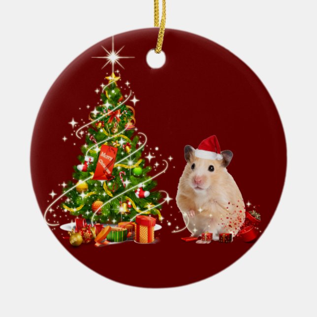 Hamster With Hat Scafts  Christmas Ceramic Tree Decoration (Front)