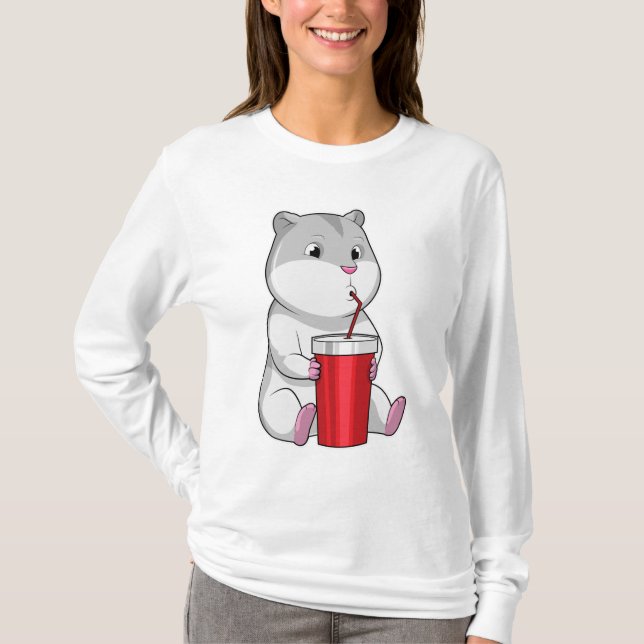 Hamster with Mug & Drinking straw T-Shirt (Front)