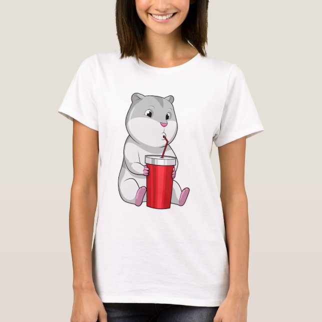 Hamster with Mug & Drinking straw T-Shirt (Front)