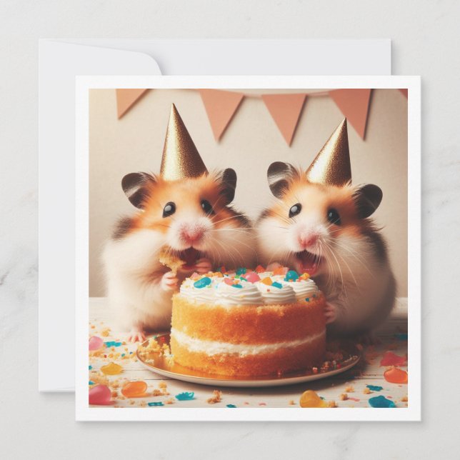 Hamsters eating cake birthday invitation (Front)