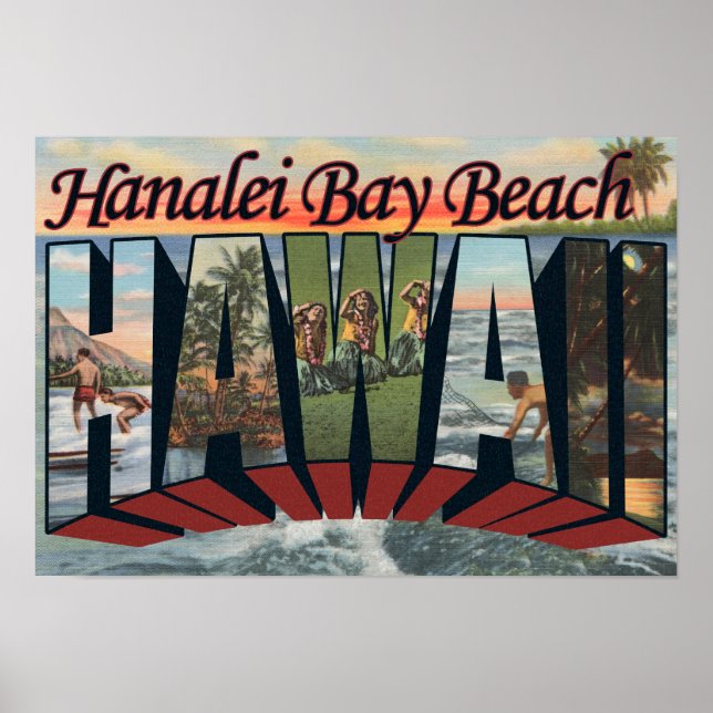 Hanalei Bay Beach, Hawaii - Large Letter Scenes Poster (Front)