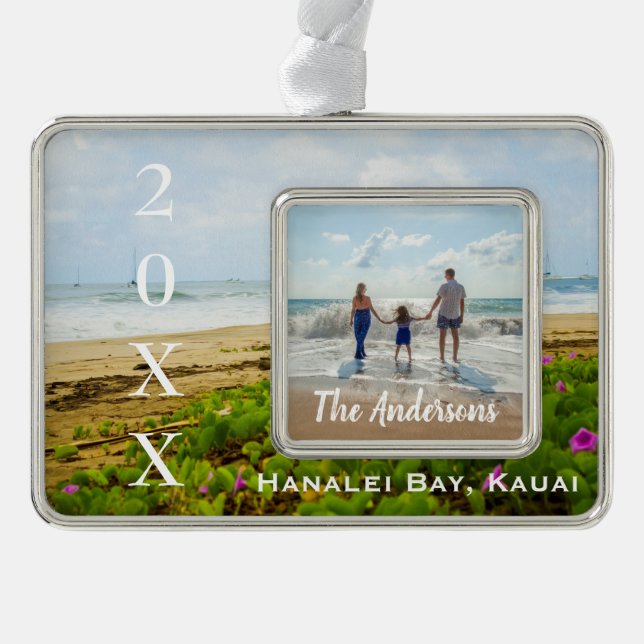 Hanalei Bay Boats, Kauai Hawaii Year/Text Photo Silver Plated Framed Ornament (Front)