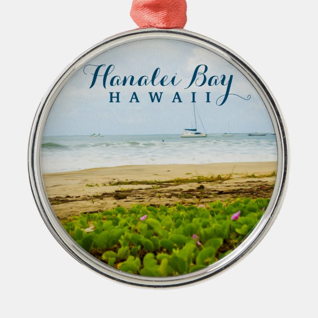 Hanalei Bay Kauai Hawaii Beach & Boats Metal Tree Decoration (Front)