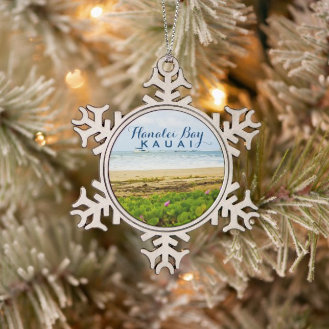 Hanalei Bay Kauai Hawaii Beach + Boats Snowflake Pewter Christmas Ornament (Tree)