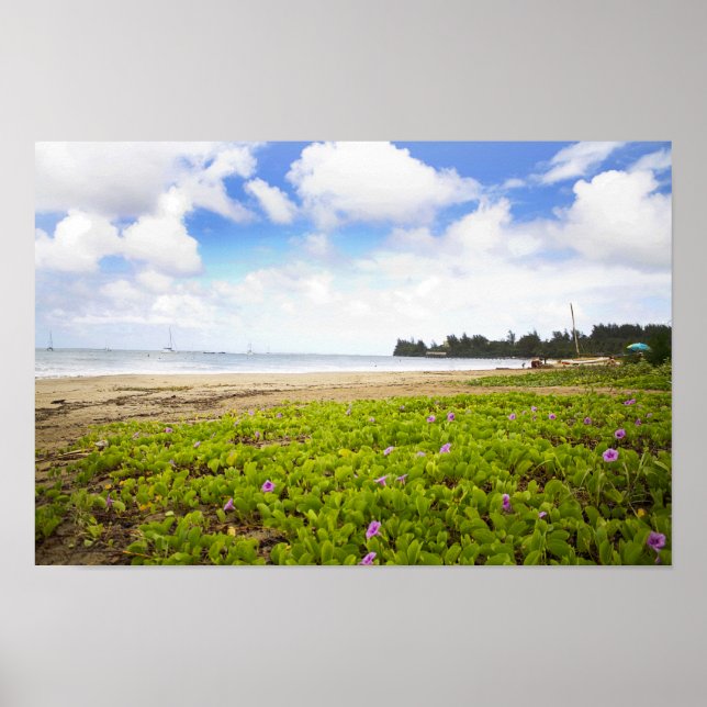 Hanalei Bay, Kauai Hawaii Beach Flowers Poster (Front)