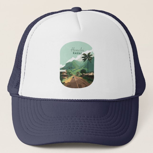 Hanalei Kauai Hawaii Bay Mountains Green Trucker Hat (Front)