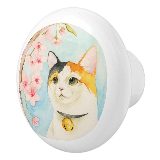 Hanami | Calico Cat and Cherry Blossom Watercolor Ceramic Knob (Right)