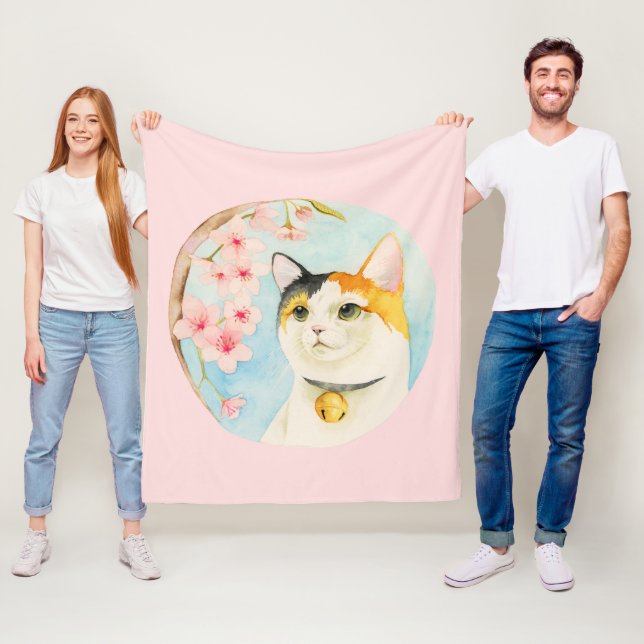 Hanami | Calico Cat and Cherry Blossom Watercolor Fleece Blanket (In Situ)