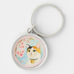 Hanami   Pretty Cat and Cherry Blossom Watercolor Key Ring