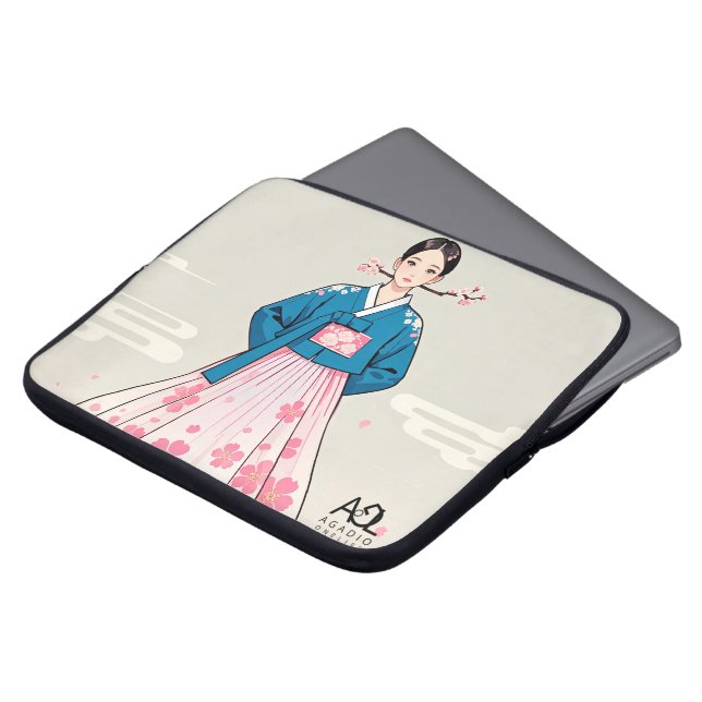 Hanbok Woman with Blue Top and Cherry Blossom Moti Laptop Sleeve (Front Top)