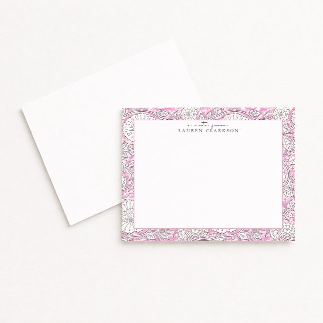 Hand Block Inspired Pink Floral Border Note Card (Creator Uploaded)