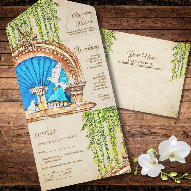 Hand Blue Arch Baroque Rustic Mexican Wedding All In One Invitation (Creator Uploaded)