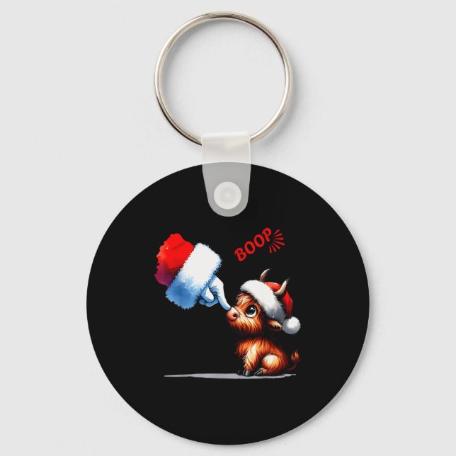 Hand Boop Christmas Highland Cow Santa Farmer Anim Key Ring (Front)