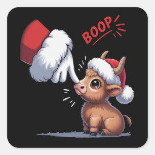 Hand Boop Christmas Highland Cow Santa Farmer  Square Sticker