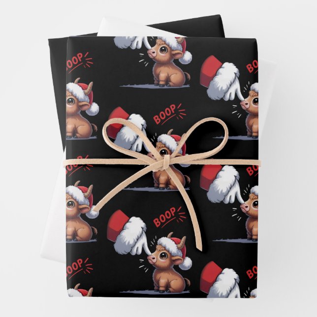 Hand Boop Christmas Highland Cow Santa Farmer  Wrapping Paper Sheet (In situ)