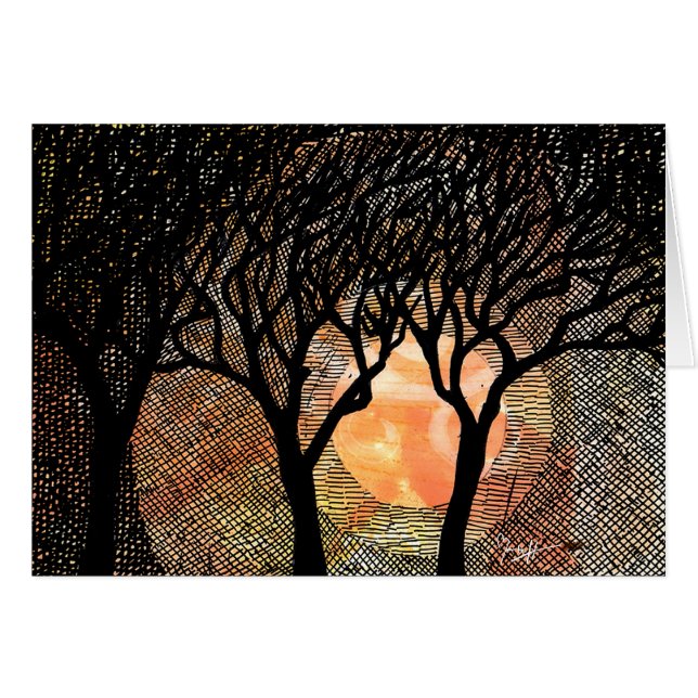 Hand Carved and Cross Hatched Trees on Orange (Front Horizontal)