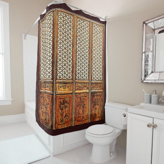 HAND-CARVED LATTICE DOORS SHOWER CURTAIN (In Situ)