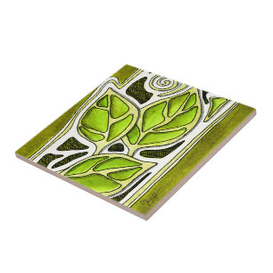 Hand Carved Leaves in Green Tile