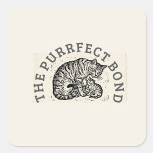 Hand-Carved Linocut Cat Mom & Kitten - Motherhood Square Sticker