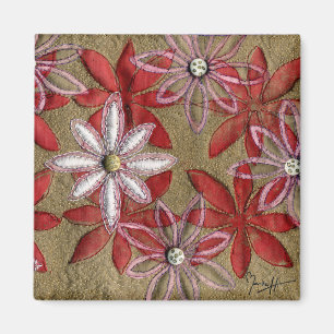 Hand Carved Quilted Red and Pink Flowers Magnet
