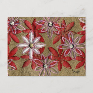 Hand Carved Quilted Red and Pink Flowers Postcard