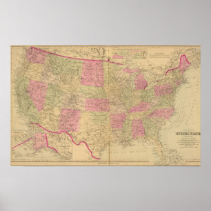 Hand coloured lithographed map of the United Poster
