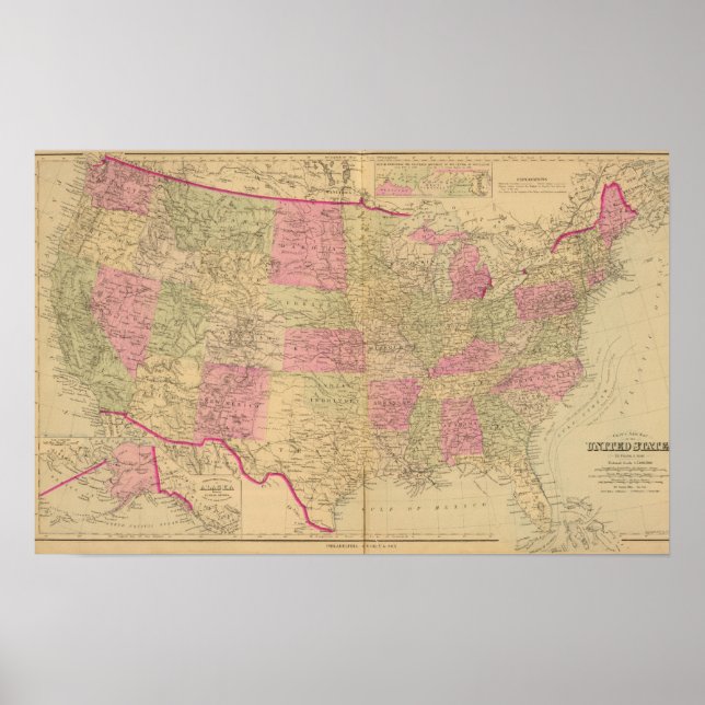Hand coloured lithographed map of the United Poster (Front)