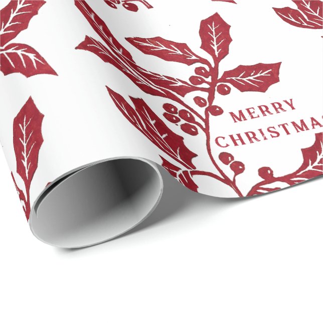 Hand-created Holly Linocut Christmas artwork  Wrapping Paper (Roll Corner)