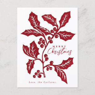 Hand-Created linocut holly artwork Christmas Postcard