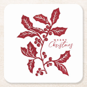 Hand-Created linocut holly artwork Christmas Square Paper Coaster