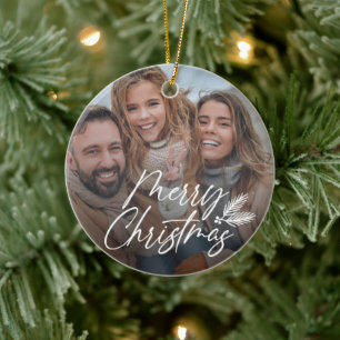 Hand-created Merry Christmas script w/ Pine boughs Ceramic Tree Decoration