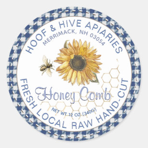 Hand Cut Honeycomb Sunflower Bee Rustic Gingham Classic Round Sticker