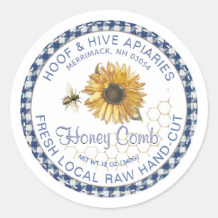Hand Cut Honeycomb Sunflower Bee Rustic Gingham Classic Round Sticker