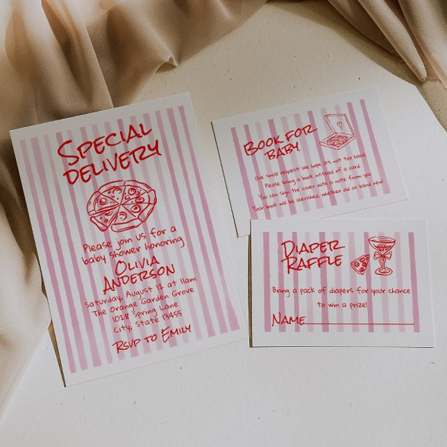 Hand Dawn Pink Pizza Special Delivery Baby Shower Invitation (Creator Uploaded)