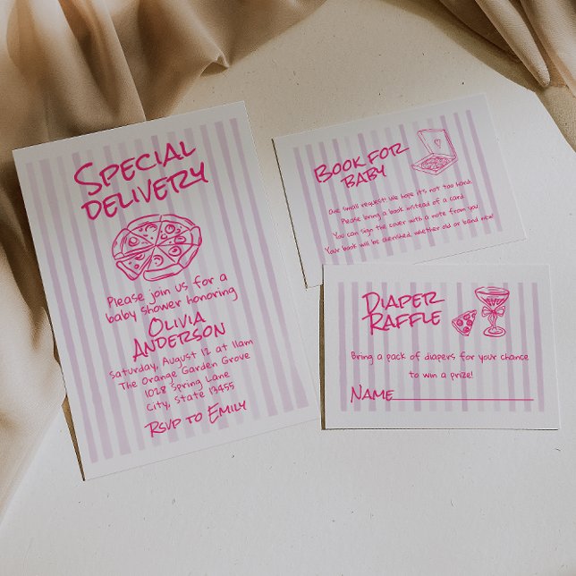 Hand Dawn Pink Pizza Special Delivery Baby Shower Invitation (Creator Uploaded)