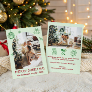 Hand Dranw Green & Red Family Christmas Photo Holiday Card