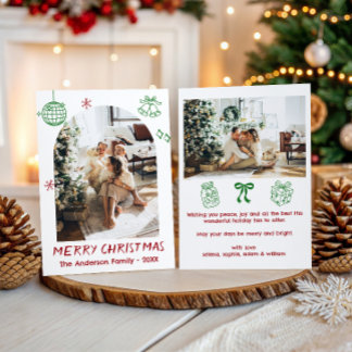 Hand Dranw Green & Red Family Christmas Photo Holiday Card