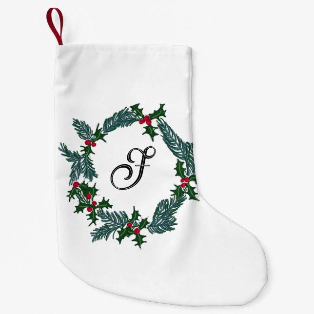 Hand-draw Christmas wreath, customisable initial Small Christmas Stocking (Front)