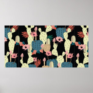 Hand drawing Cactus Plant and flowers Seamless Pat Poster
