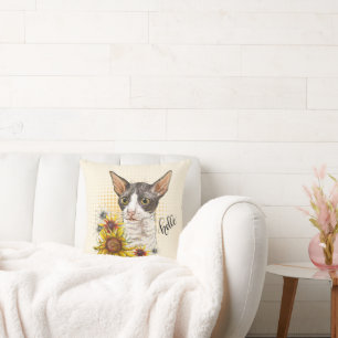 Hand drawing Cornish Rex cat with sunflowers Cushion