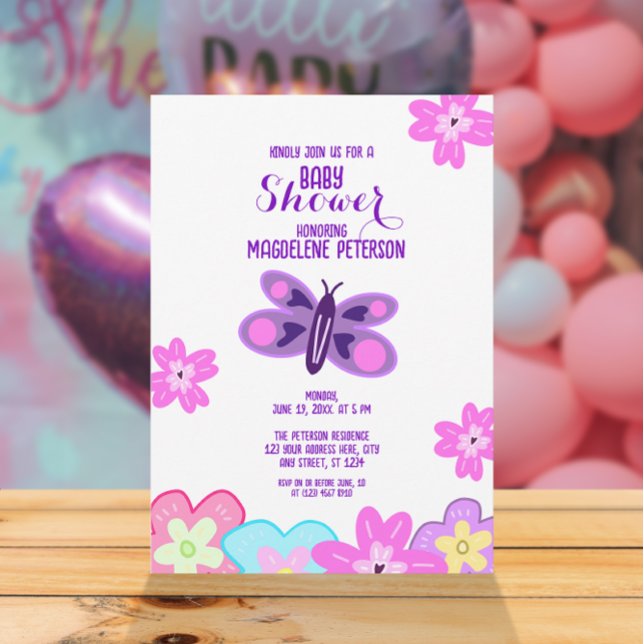 Hand Drawing Flowers & Butterfly Baby Shower Invitation (Creator Uploaded)