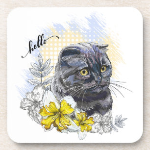 Hand drawing funny Black brittish cat with flowers Coaster