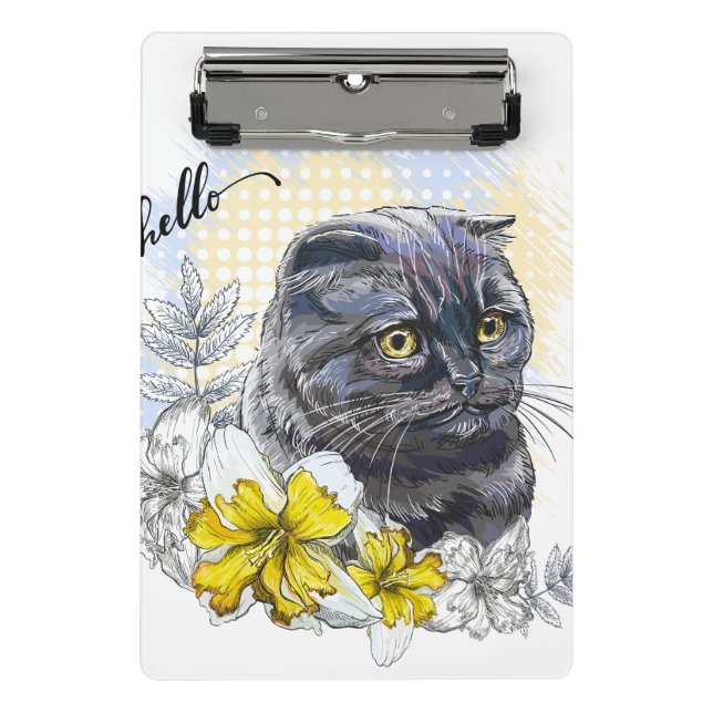 Hand drawing funny Black brittish cat with flowers Mini Clipboard (Front)