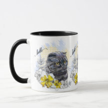 Hand drawing funny Black brittish cat with flowers